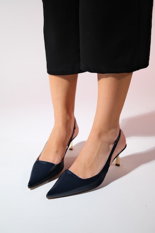 Luvishoes Marten Laci Cilt Kadın Sivri Burun Arkası Açık İnce Topuklu Ayakkabı Lacivert