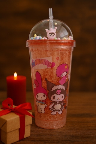 Kuromi Temalı Pembe Suluk Pipetli Buzlu Cam Görünümlü 450 Ml Çift Katman Mika Su Şişesi 2647 Pembe Kırmızı - Buzmavisi
