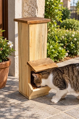 Reyo Narım Kedi Mama İstasyonu Ahşap Su Geçirmez İç Ve Dış Mekan Mama Standı 50x20x20 Cm