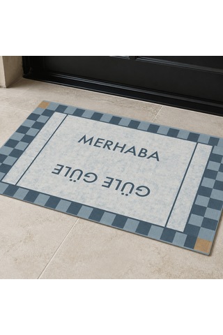 Kartela Halı Merhaba Güle Güle Damalı Kapı Paspası Mavi Kaymaz Kauçuk Taban Yıkanabilir 60x90 Cm