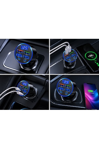 Hızlı Araç Çakmaklık Şarj Cihazı 6 Portlu 4 Usb + 2 Type-c Çıkışlı Dijital Göstergeli Oto Şarjı