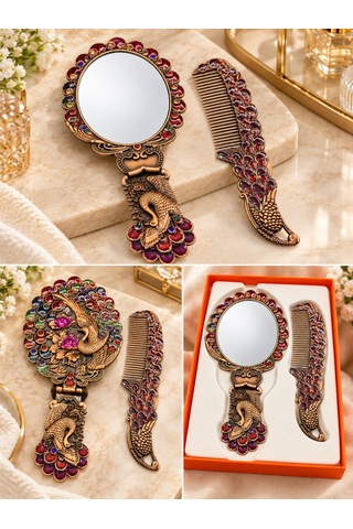 Aura Copper Tavus Kuşu Motifli Mineli El Aynası Ve Tarak Seti 2 Parça Ac-at-003-eskitme Bordo