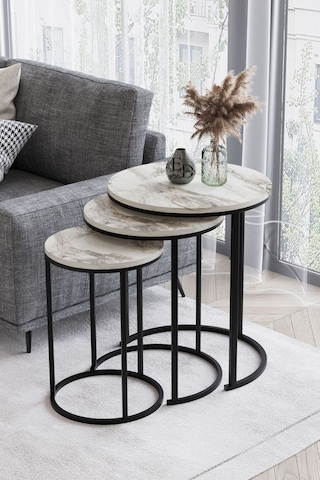 Paris 3'lü C Zigon Sehpa Siyah Metal - Beyaz Mermer Tabla