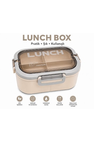 Bölmeli Lunch Box Sızdırmaz Kapaklı, Çatal Kaşık Bıçaklı Pratik Yemek Saklama Kabı Beslenme Kabı Krem