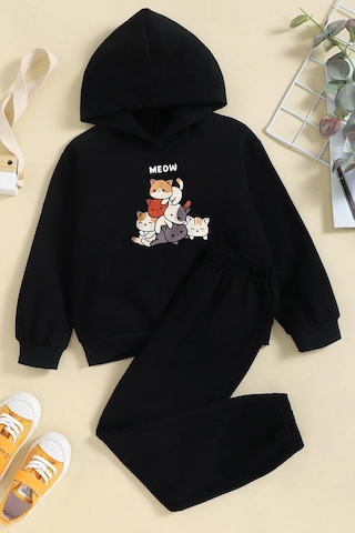 Uyguntarz Meow Kediler Baskılı Çocuk Rahat Eşofman Takımı Siyah