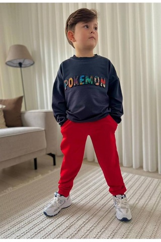 Jeliboomkidswear Erkek Çocuk 3-10 Yaş 2 İplik Likralı Günlük Eşofman Takımı Koyu Gri Füme - Kırmızı