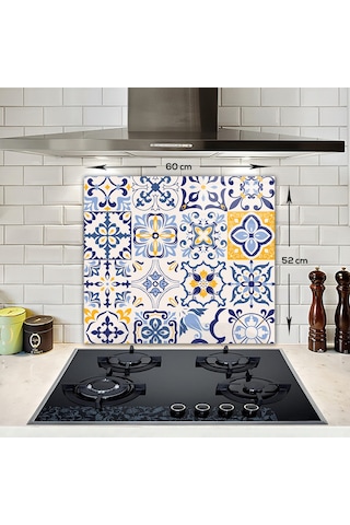 Decorita Mavi Çini Desen | Cam Ocak Arkası Koruyucu | 52cm x 60cm