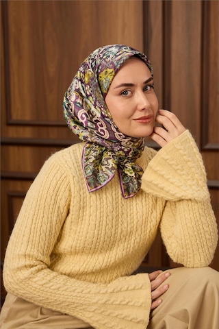 Silk Home Twill İpek Eşarp Mürdüm-butter Yellow Desenli Tok Duruşlu 90x90 Çok Renkli