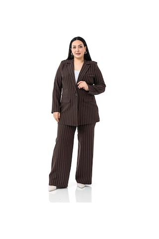 Büyük Beden Çizgili Kahverengi Ceket Pantolon İkili Takım Kahverengi