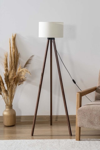 Ekru Dokulu Silindir Başlık Ahşap Üç Ayaklı Lambader