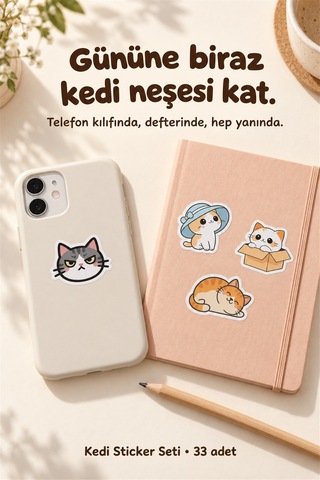 Kedi Sticker Seti 33 Adet Sevimli Kedi Çıkartmaları Defter, Laptop, Ajanda Çok Renkli