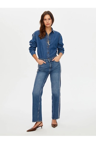 Faik Sönmez Kontrast Bant Detaylı Wide Leg Fıt Kadın Jean Pantolon W26jpn004 İndigo