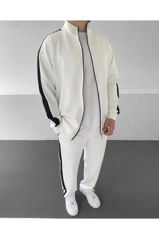 Erkek Scuba Kumaş Oversize Şerit Detaylı Fermuarlı Alt Üst Eşofman Takımı - Beyaz