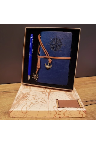 Lacivert Pusula Tasarım Deri Defter Ve Tükenmez Kalem Seti