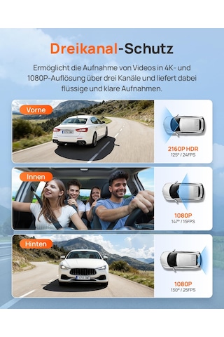 70mai T800e 4k Dashcam Araç 3 Kanallı, 4k+1080p+1080p Ön Arka İç 3 Kanallı Araç Kamerası, Hdr F1.55, Ir Gece Görüşü, 24h Park İzleme, G-sensor, Süper Kapasitör Mikro Sd Kart Dahil Değil