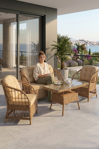 Salviya Serisi 1. Sınf 2+1+1 ve 1 Adet Orta Sehpa Cappucino Rattan Cappucino Minder Bahçe Balkon Oturma Koltuk Takımı