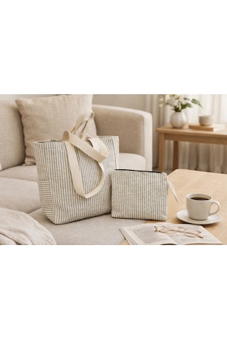 Faralya Life Çizgili Çanta 50x42 Cm Ve Makyaj Çantası Seti 26 21cm Bez Çanta Kombin Set Siyah
