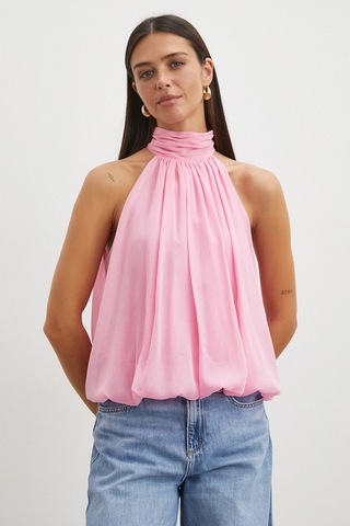 Uterpe Halter Yaka Drape Bluz Pembe
