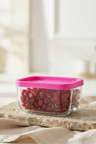 Lav Cube Cam Saklama Kabı 2'li Küçük Boy 405 ml Dikdörtgen Pembe Plastik Kapaklı (Kahvaltılık )