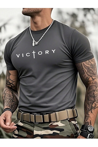 Victory Baskılı Süprem Füme T-shirt - Oversize Bisiklet Yaka Tişört Gri