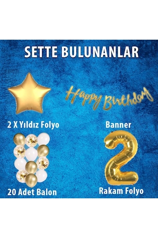 Gold Konsept 2 Yaş Doğum Günü Kutlama Seti; Beyaz Gold Konfetili Balon, Rakam Yıldız Folyo ve Banner
