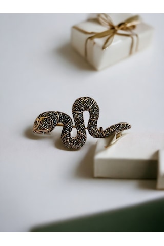 Black Diamond Swarovski Taşlı Yılan Broş Yeşil