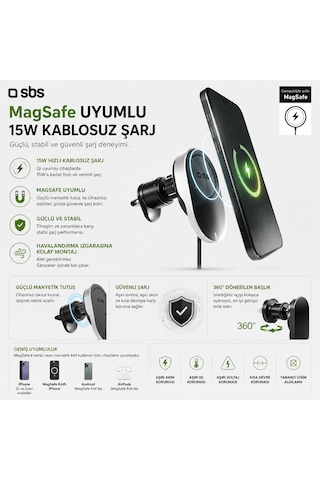 Sbs 15w Magsafe Araç İçi Kablosuz Şarjlı Telefon Tutucu Geri Çekilebilir Usb-c Kablo Havalandırma Izgarası İphone & Android Uyumlu Beyaz