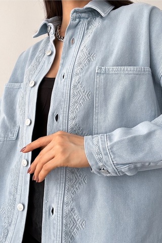Femelle Kadın Buz Mavi Yeni Sezon Çift Cepli Standart Beden Nakış Işlemeli Oversize Ceket