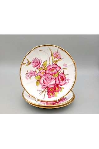 Roslyn China Sunning Dale 3'lü Porselen Antika İngiliz Pasta Tabağı 15cm Pembe