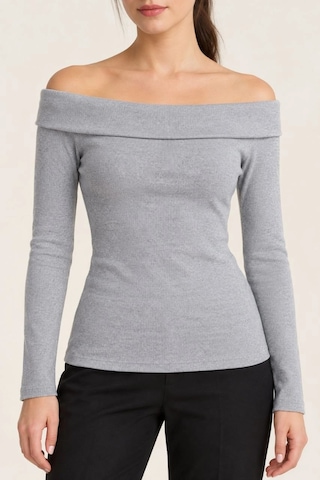 Kadın Gri Melanj Madonna Yaka Uzun Kollu Fitilli Likralı Kaşkorse Slim Fit Bluz - Gri Çok Renkli