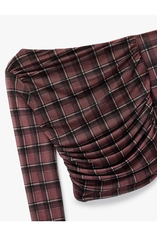 Koton Asimetrik Yaka Uzun Kollu Drape Detaylı Ekose Tişört Bordo Ekose 6wal10437ık