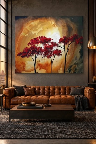 Fida Altın Işıkta Kırmızı Yapraklı Ağaçlar Canvas Tablo Çok Renkli