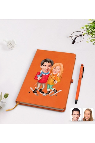 Kişiye Özel Sevgililer Karikatürlü Turuncu Termo Deri Defter Kale N11.2267