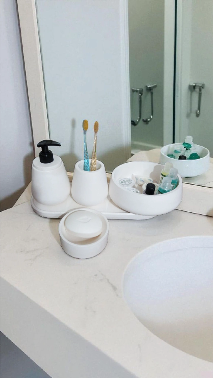 Kırık Beyaz Marble Serisi 5'lı Banyo Seti, Sıvı Sabunluk Diş Fırçalığı Beton Aksesuar Takımı Beyaz
