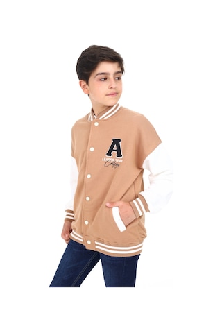 Toontoy Kids Toontoy Erkek Çocuk Kolej Yaka Çıtçıt Kapama Cepli Düşük Omuz Nakış Baskılı Renk Bloklu Örme Hırka - 2 İplik Şardonlu Kahverengi