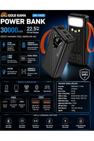 Gk-y433 30000 Mah Powerbank 22.5w Hızlı Şarj Dijital Ekranlı Led Işıklı Dahili Kablolu Taşınabilir Şarj Cihazı Gri Siyah