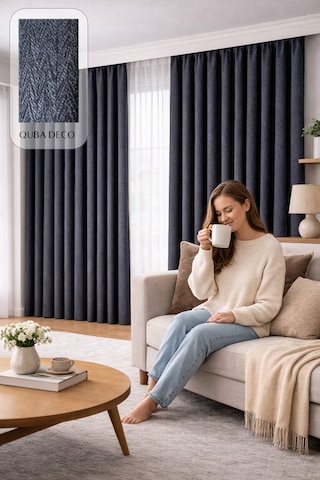 Balıksırtı Dokulu Premium Jakar Fon Perde Salon Oturma Odası Yatak Odası Çocuk Odası Koyu Lacivert