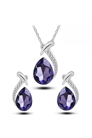 Yeni Collections Damla Taşlı, Trend Zirkon Taş İşlemelitakı Seti Kolye Küpe , Yeni Yıl, Mor