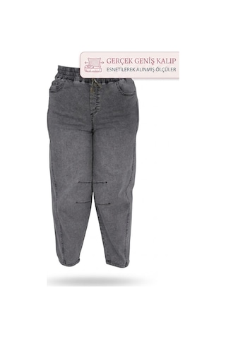 Büyük Beden Beli Lastikli Cepli Likralı Denim Mom Kesim Kadın Pantolon Siyah