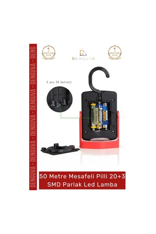 Ledlamba 20 Smd Beyaz Işık 50 Metre Menzil Askılı Pilli Kamp Avcı El Feneri Sert Plastik Parlak Led