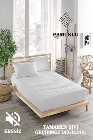 Sessiz Pamuklu Alez Yatak Koruyucu Kapitoneli Fitted Beyaz Tek Kişilik