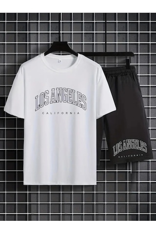 Startmore Erkek Beyaz''los Angeles Baskılı'' Basic Oversize T-shirt- Şort Takım Strup0000000000015 Beyaz