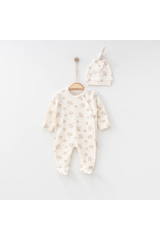 O'baby Mantar Baskılı Tulum Kız/Erkek 0/3/6Ay Patikli Bebek Tulum Krem