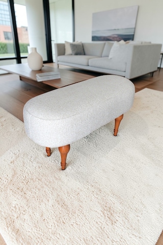 Dikdörtgen Puf Craft Bukle Şönil Kumaş Ahşap Ayaklı Modern Tasarım Krem