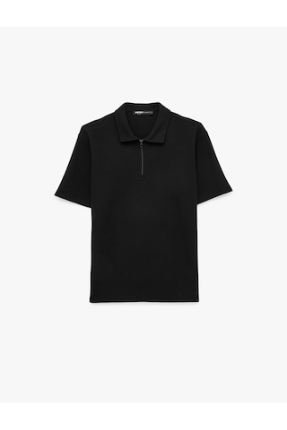 Koton Regular Fit Kısa Kollu Waffle Dokulu Yarım Fermuarlı Polo Yaka Tişört Siyah 6sam10289mk