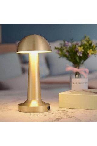Mantar Başlı Masa Lambası Şarjlı Dokunmatik Gece Işığı Lüks Başucu Lambası Eskitme Gold