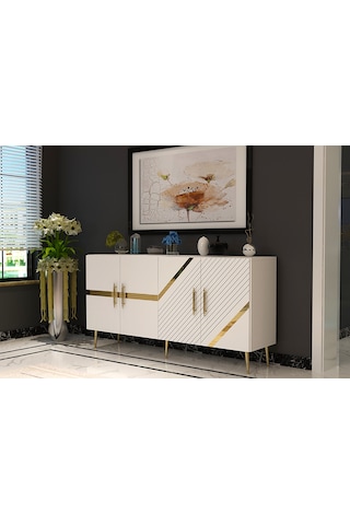 Pınar Konsol Tv Sehpası Çok Amaçlı Dolap 150 Cm Beyaz Altın