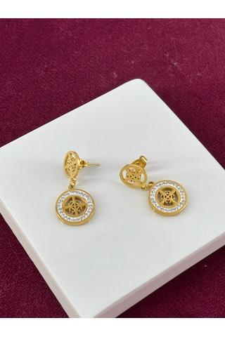 Ortası Çiçekli Ve Küçük Taşlı Sallantılı Gold Küpe Gold