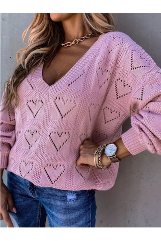 Pazarella Kadın Uzun Kollu V Yakalı Kalpli Salaş Triko Bluz Pembe