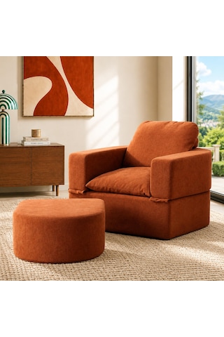Homedius Sofa Bed Katlanır Yatak Olabilen Berjer Koltuk Puf Seti Kiremit
